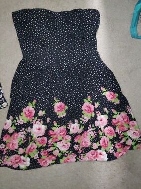 No Boundaries Black Strapless Dress with Pink Floral Hem,  Straps Can Be Added.